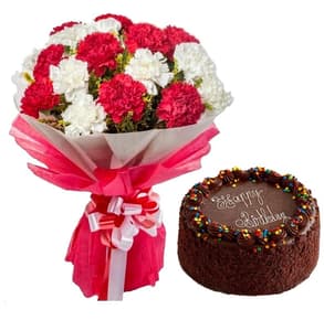1Kg Chocolate Cake with 12 Red n White Carnations